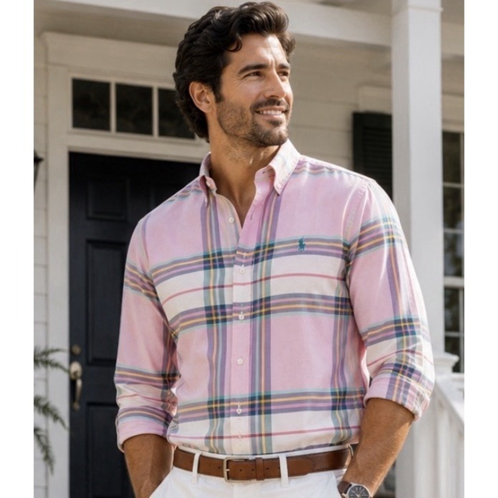 Polo Ralph Lauren Men's Indian Madras Medium Pink Plaid Button Front Teal Pony